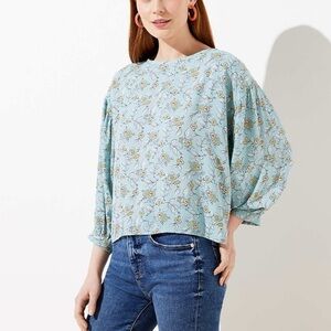 Loft Women’s Aqua Floral Print Mixed Blouse Size XS Blouson Sleeves